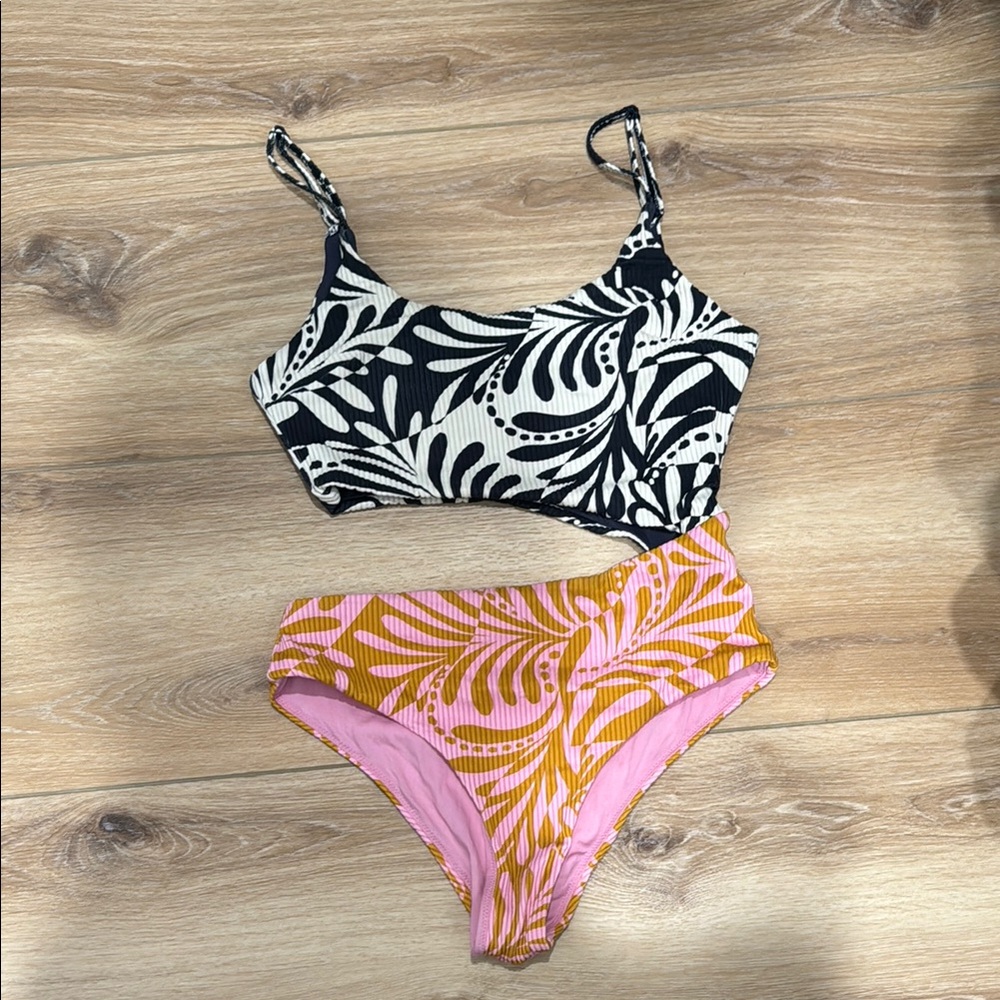Rip Curl Black and White Top with Pink and Orange Bottoms One Piece